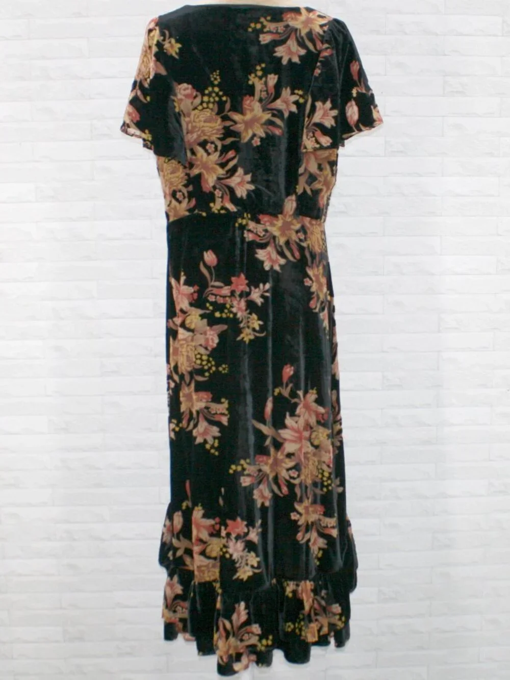 REBA Dress Floral Velvet Burnout V-Neck Ruffle Cottagecore Midi Black Coral 12 - Picture 5 of 16